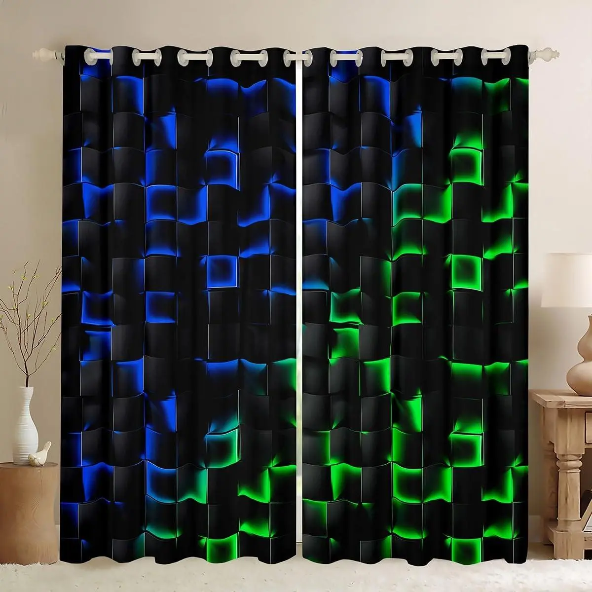 Feelyou Velvet Fabric Grommets Curtains - 2-Panel Blackout Drapes with Neon Colors High-Definition Geometric Checkered Grid Blue-Green Abstract Ombre Print, Light Filtering, Machine Washable, Warm Iron, Multi-Size for Kids' Rooms, Dining Room