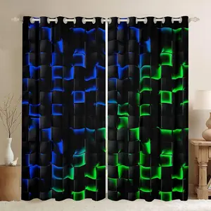 Feelyou Velvet Blackout Curtains - Beautiful Patterns, High-Definition Geometric Checkered Grid Neon Blue-Green Abstract Ombre Drapes, 2-Panel Multi-Size Window Treatments for Kids Rooms, Beautiful Patterns Curtains