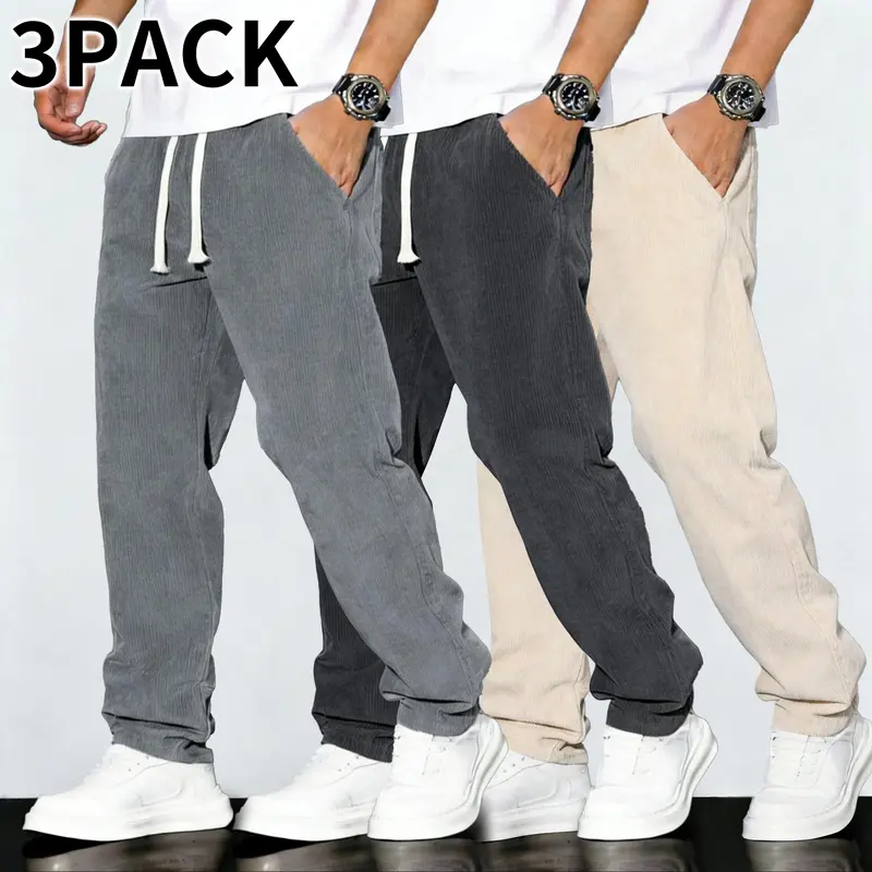 3PCS Men's Spring & Summer Corduroy Casual Pants Loose Straight Leg Retro Drapey Versatile Trousers American Streetwear Commute Pants Fabric Fashion
