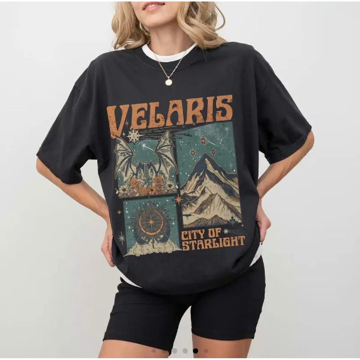 Velaris City of Starlight T-Shirt, Women's Casual Round Neck Acotar Graphic Print Top, Night Court Bookish Valentine's Day Gift, Tshirt, Cotton, Sweet, Streetwear, Galaxy, Lady, Thanksgiving, Easter, Valentines Day, Digital Print, Casual Wear, Loose Fit,