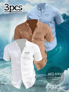 3-Pack Men's Summer Short Sleeve Shirts, Milano Letter Print, Lightweight Breathable, Stand Collar, Beach Party Wear