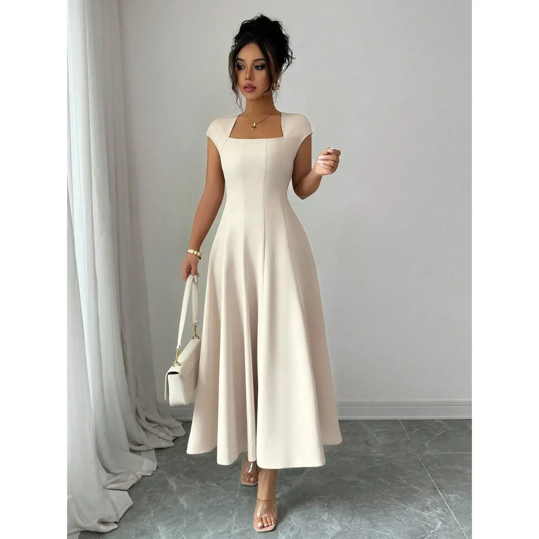 Elegant Solid Color Square Neck Waist-Cinching Flared A-Line Short Sleeve Midi Dress - TikTok Shop Elegant Solid Color Square Neck Waist-Cinching Flared A-Line Short Sleeve Midi Dress - TikTok Shop