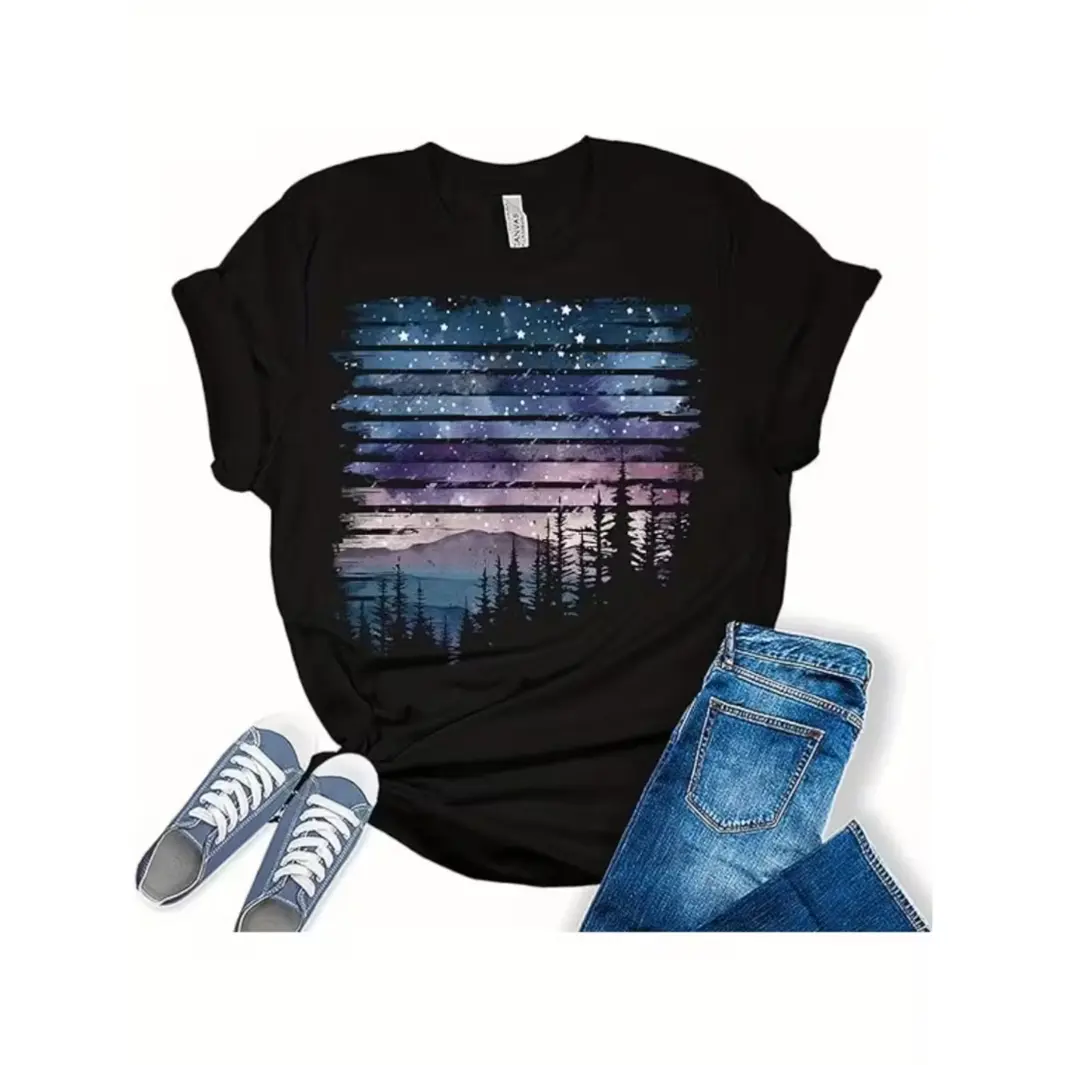 Womens Cotton Short Sleeve Graphic Tee Night Sky Mountain Forest Print Casual Soft Crewneck T Shirt For Everyday Streetwear Travel Hiking Outdoor