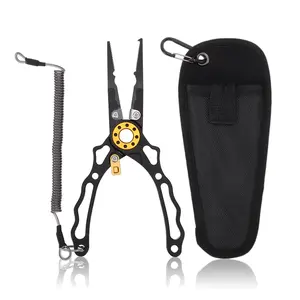 Unique Bargains Fishing Pliers, Hook Remover with Safety Lock, Fishing Pliers for Saltwater, Split Ring Pliers with Sheath and Lanyard, Black, 1 Set