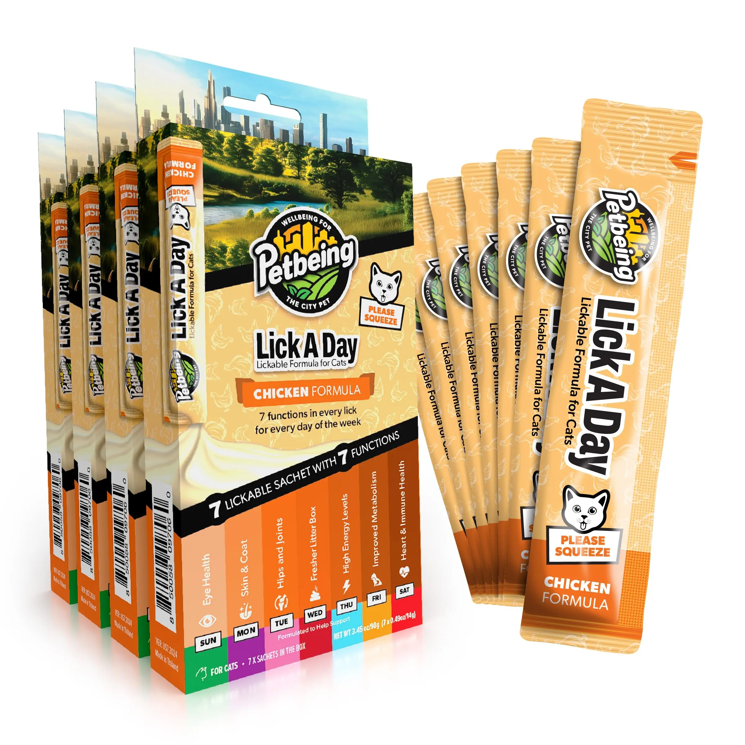 Lick a Day | Chicken Flavor | Specially Formulated 7-in-1 Functions Daily Real Meat Lickable Cat Treats | Tasty Cat Puree Squeeze ups for Cats & Pet Vitamins Combination (Pack of 28 Sachets)