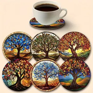 Tree of Life Wooden Ceramic Coasters - Set of 6, Non-Slip Heat-Resistant Drink Mats, Suitable for Home and Office Decoration, Perfect Gift for Family and Parties - Holiday and Special Occasion Gift, Gift of Love