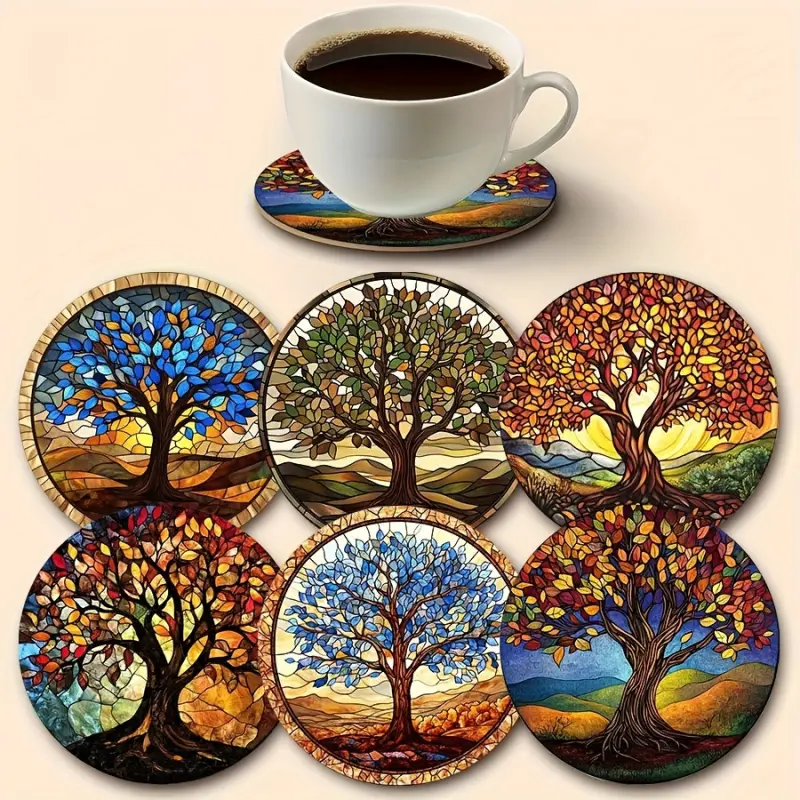 Tree of Life Wooden Ceramic Coasters - Set of 6, Non-Slip Heat-Resistant Drink Mats, Suitable for Home and Office Decoration, Perfect Gift for Family and Parties - Holiday and Special Occasion Gift, Gift of Love