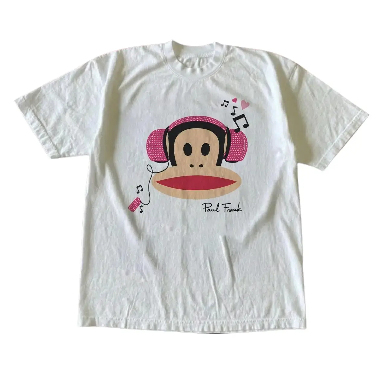 Vintage Paul Frank Julius The Monkey Graphic T-Shirt, Cute Monkey Wearing Pink Headphones White Top, Cool Retro Pop Culture Shirt,Heavy Cotton Unisex