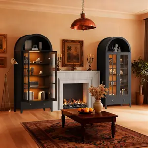 71" Tall Arched Bookshelf with Automatic Lights,4-Tier Modern Farmhouse Arched Bookcase with Glass Doors and Shelves,Wooden Display Cabinet with Drawers for Living Room, Dining Room, Premium