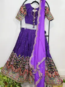 Purple Munga Crepe Silk Kalamkari Embroidery Lehenga Set with Lavender Georgette Cutwork Dupatta – Girls 11+ Junior