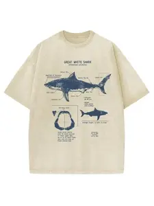 Great White Shark Anatomy Vintage Washed T-shirt, Gym Essential, Vintage Casual Crewneck Short Sleeves Menswear Womenswear Tops Classic Cotton Fabric Streetwear