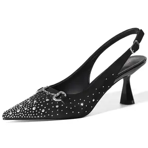 RONILURN Women's Sparkly Rhinestone Kitten Heels Closed Pointed Toe Slingback Pumps Perfect for Wedding Party and Dressy Occasions