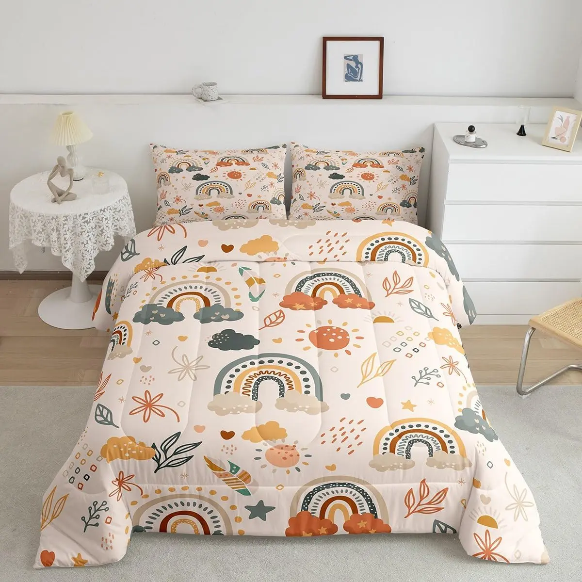 Feelyou Multi-Size Polyester Fiber Boho Bed Set - Bohemian Rainbow Comforter, Mid-Century Leaves Floral, Cartoon Stars Clouds, Hand-Drawn Geometric Quilt Duvet, Bedroom Bedding, Decorative Bedding, Decorative Bedding Set
