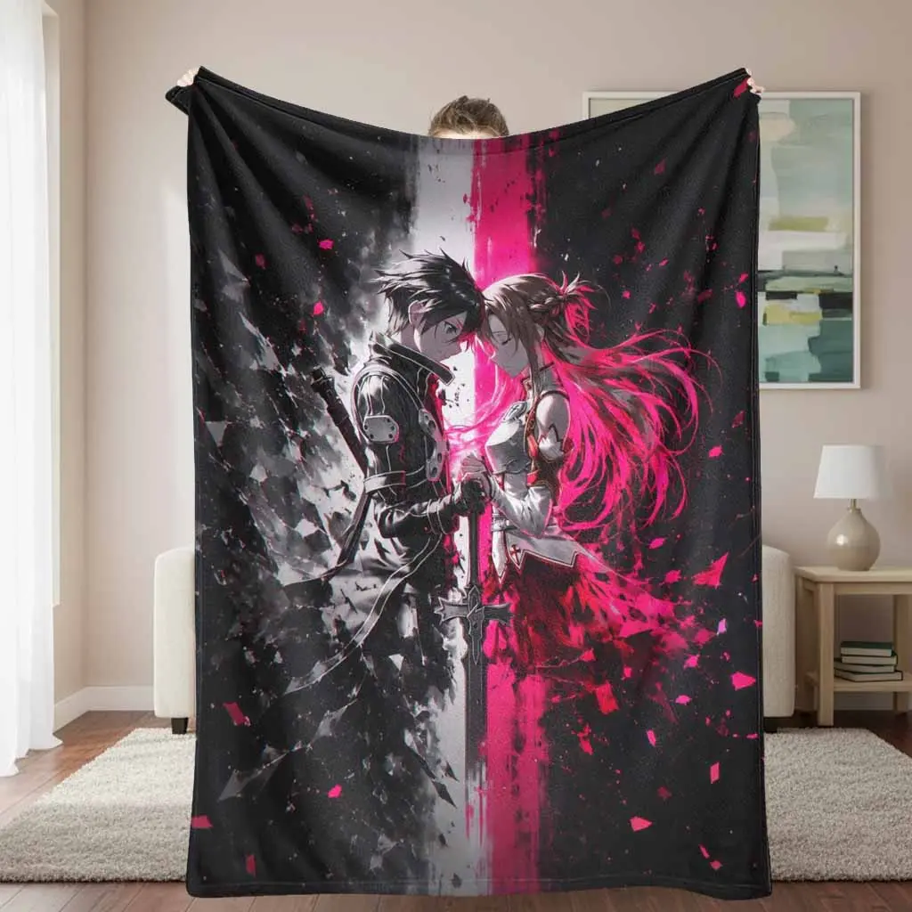 Anime Couple Fantasy Warrior Duo Graphic Print Flannel Blanket - Super Soft, Lightweight, Durable Plush Throw for Bedroom, Travel - Valentine, Housewarming Gift