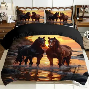 2/3 Pcs Comfortable Sunset Seaside Double Horse Duvet Cover Set, Soft And Breathable, 100% Polyester Fiber High-Definition Digital Printing Design, All-Season Home Gift, Machine Washable (1 Duvet Cover +1/2 Pillowcase, No Filling)