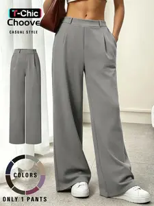 Women's Casual Wide Leg Solid Pants, Side Pockets, Elastic Soft Fabric, Comfortable Long Trousers for Daily Wear, Trendy Bottoms for Women