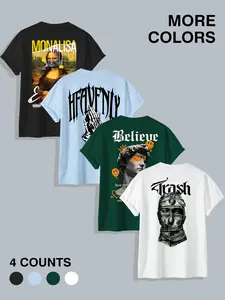 Men's 4-Pack Street Art Graphic T-Shirt Set - Mona Lisa Drip, David Statue, Gothic Prayer & Money Bandage Prints, Classic Crew Neck Relaxed Fit, Perfect for Art & Streetwear Enthusiasts, Edgy Statement Tees Bundle