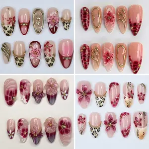 Chic Nail Studio Wild Rose Press-On Nails, 3D Pink Flowers, Leopard Print Mix, Glossy Finish, Custom Press-On Nail, Vacation Ready, Gifts for Her