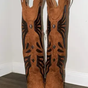 Suede Brown Western Boot with Intricate Embroidery and Rhinestones