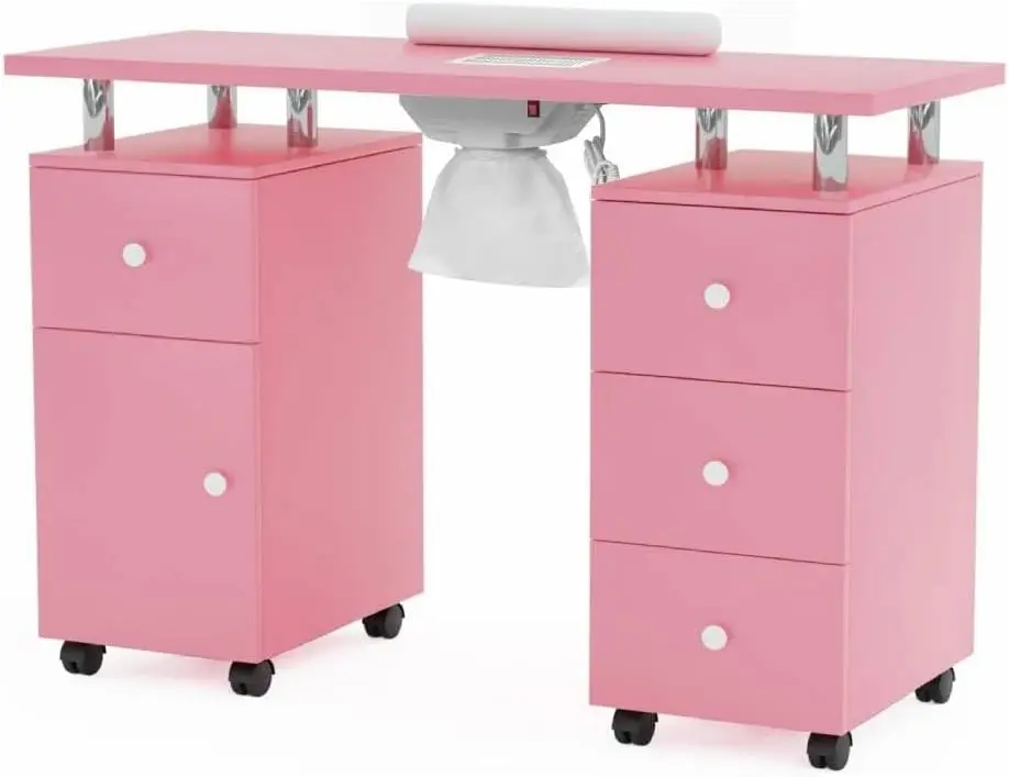 Manicure Table Nail Desk for Nail Tech with Electric Downdraft Vent & Locking Castors & Wrist Cushion, Beauty Salon Resistant with Drawers & Cabinet, Nail Desk Station for Spa Beauty Salon