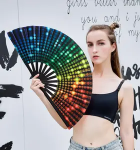 Large Rave Folding Hand Fan Popping Fan for Line Dancing, Big Foldable Clacking Fans Clap Fans for Boots On The Ground Dance Festival, Dancing, Performance (DJ Lighting)