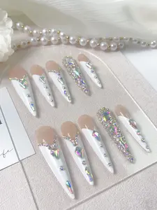 Nailrosy 10Pcs Handmade Long Stiletto Press On Acrylic Nails, White Sparkling Rhinestone French Design, Reusable DIY Beauty Product with Rhinestone Decorations, Includes Storage Box