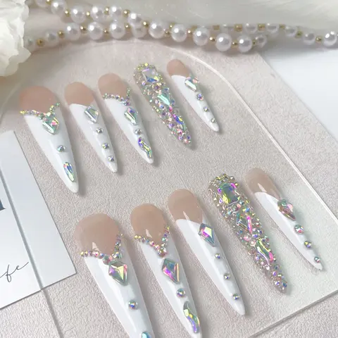 Nailrosy 10Pcs Handmade Acrylic Press-On Nails, Long Stiletto White Glitter French-Style with Rhinestone Decor, Reusable DIY Mani Beauty Supply, Includes Storage Box, Gift for Women,fall nails for 2026