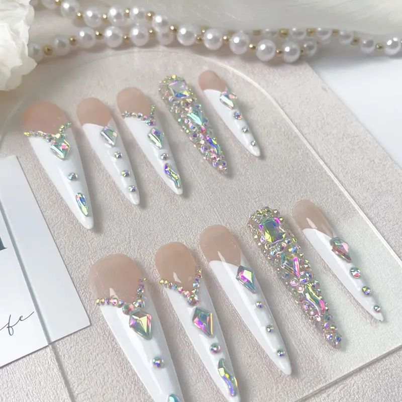 Nailrosy 10Pcs Handmade Acrylic Press-On Nails, Long Stiletto White Glitter French-Style with Rhinestone Decor, Reusable DIY Mani Beauty Supply, Includes Storage Box, Gift for Women,fall nails for 2026