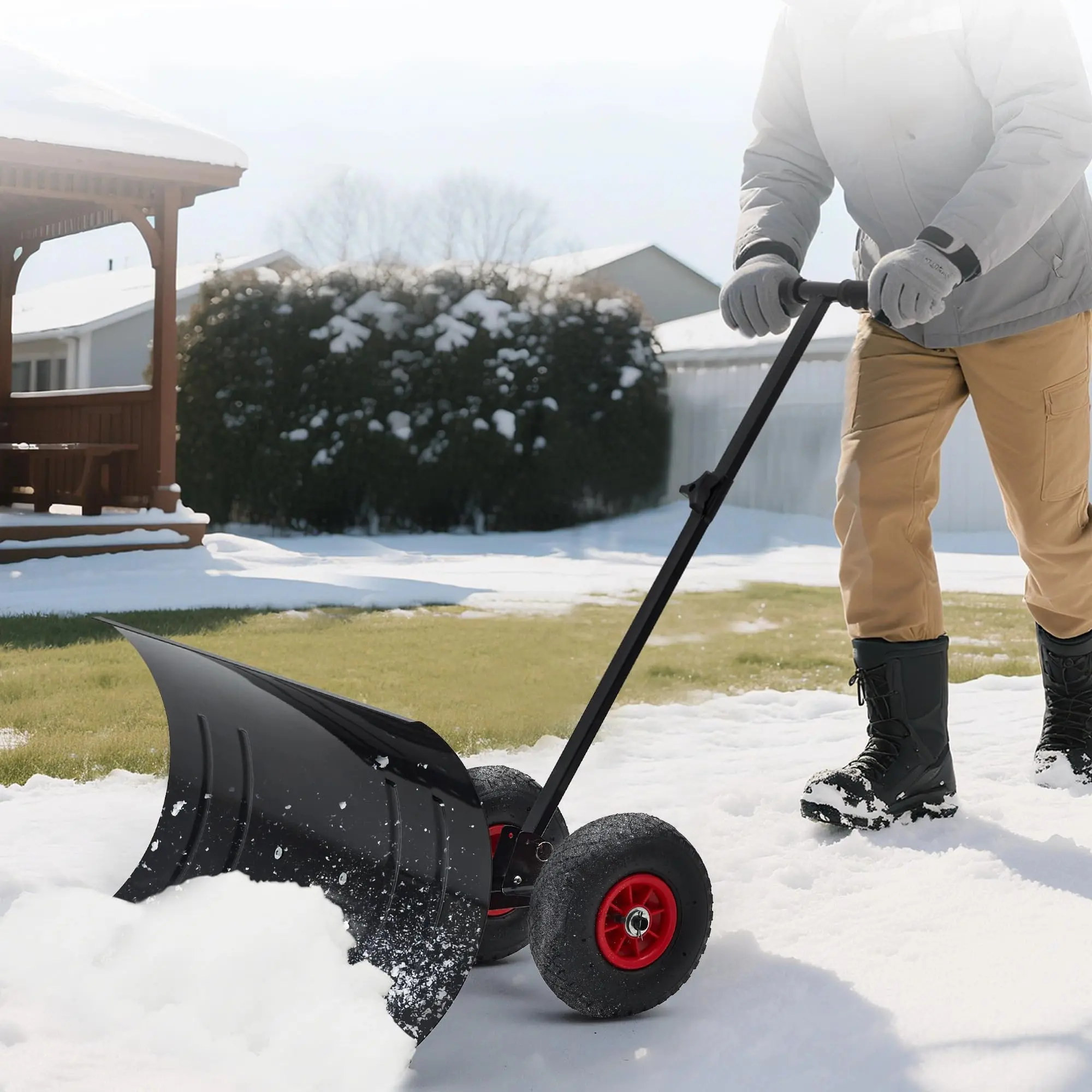 Heavy-Duty Steel Snow Shovel Pusher with Wheels, 29" Wide, Adjustable Handle & Angled Blade for Efficient Driveway & Pavement Snow Removal