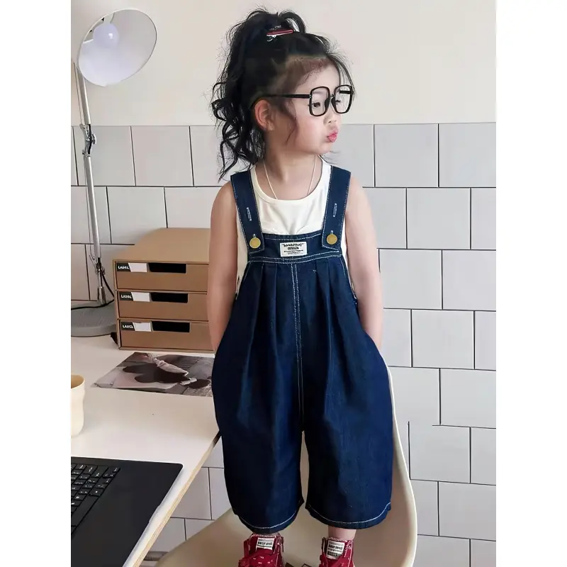 Girls' denim overalls, Christmas casual solid color loose fit, with pockets, suitable children aged 2-8, essential daily wear and birthdays, girls' clothing, teen clothing, children's clothing, suitable outdoor activities