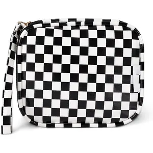 Mini  Bag, Small Makeup Bag for Purse, Zipper Checkered Pouch,  Packing Bag for Toiletry with Wrist Strap, Black