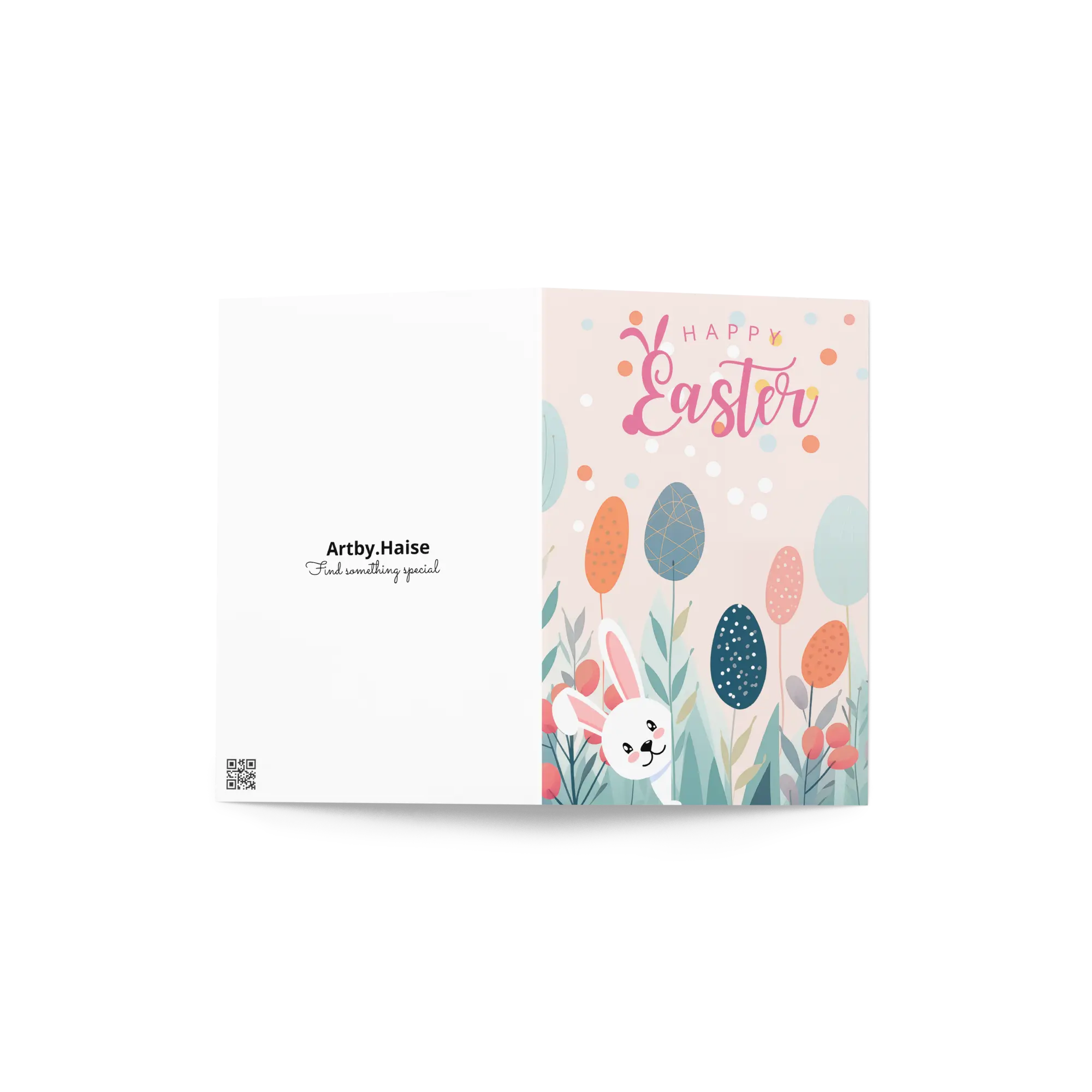 Cheerful Easter Celebration Card – Cute Bunny and Eggs Design by Artby.Haise, 5x7