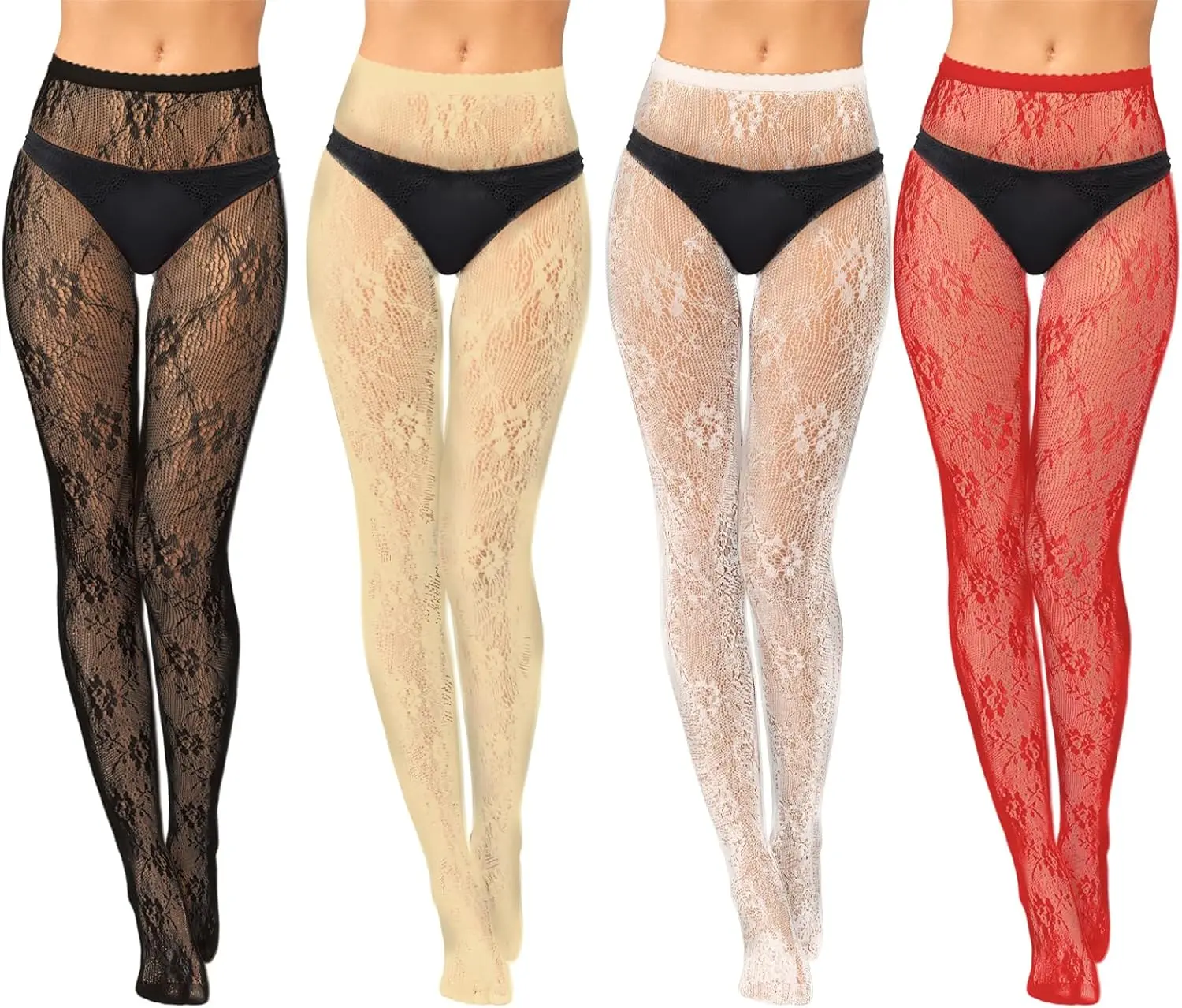 Jiuguva Women's 4-Pack Basic Lady Clothes Lace Tights - Sexy Floral Fishnet Patterned, Stretchable Pantyhose Leggings (Black, White, Red, Beige)