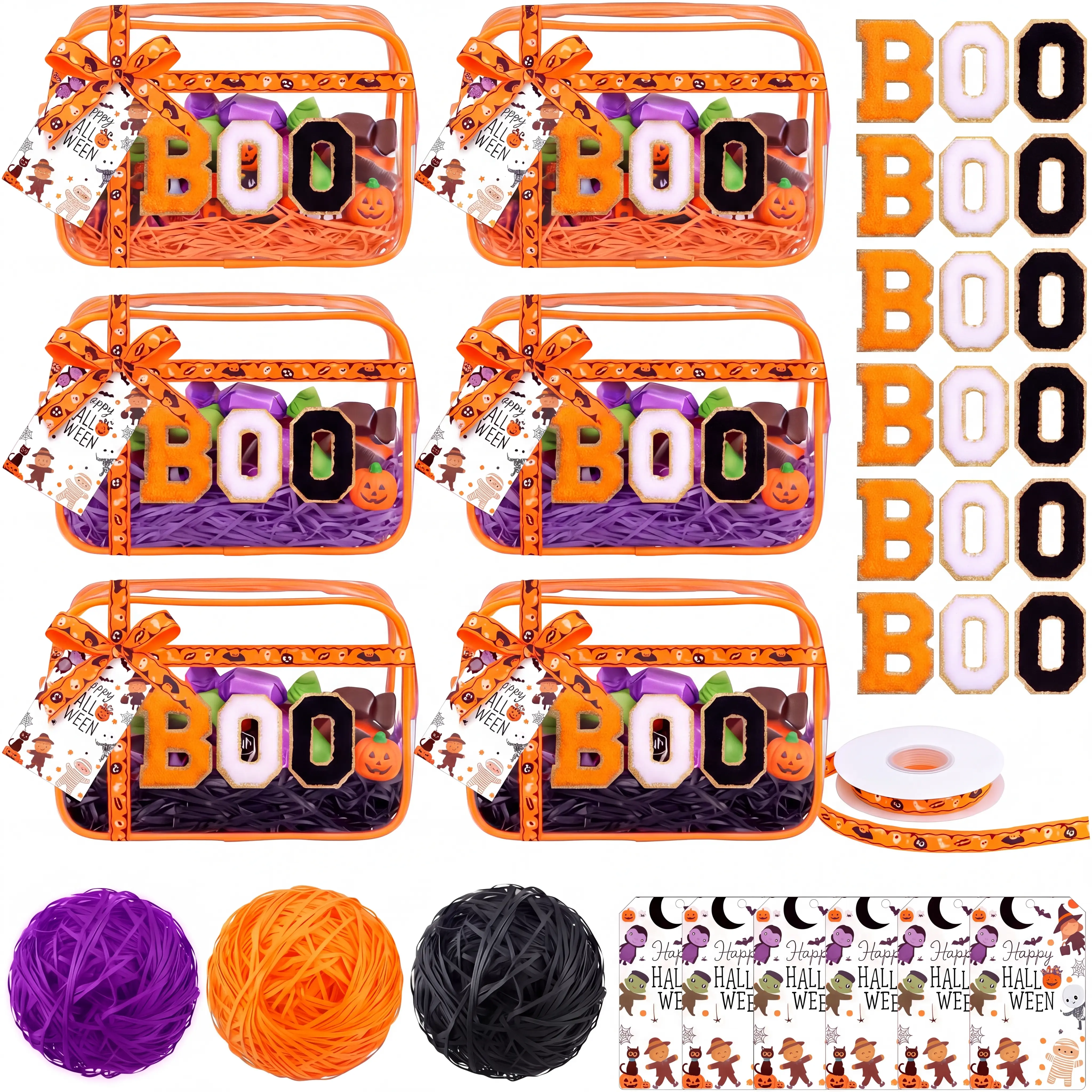 6 Pcs Halloween Gift Bag Kit with Orange Clear Zipper Pouches BOO Embroidered Patches Raffia Filler Ribbons and Gift Tags for Kids Classroom Party Favors Trick or Treat Neighborhood Gifts