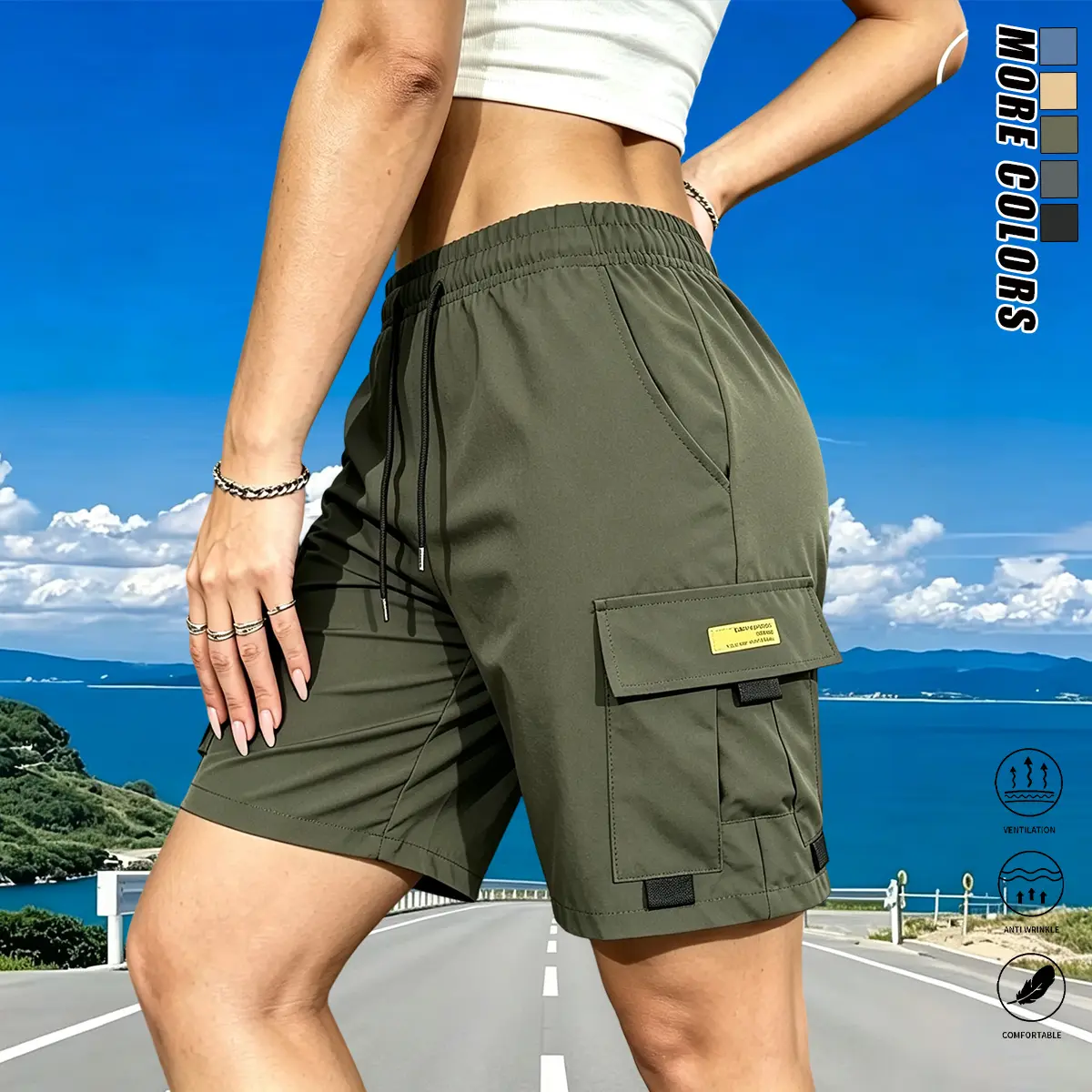 Women’s casual, versatile cargo shorts—American-style loose mid-length shorts for summer with an elastic drawstring waist and multiple pockets, suitable for everyday wear in summer, outdoor hiking, training, sports, and various occasions.