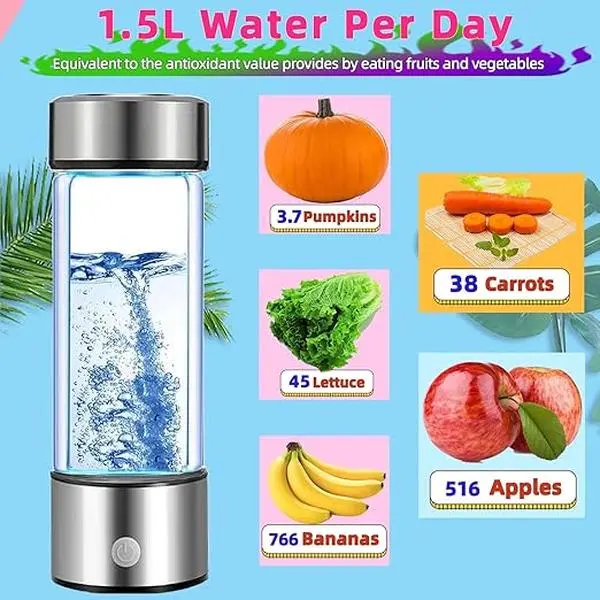 Insulated Molecular Hydrogen Water Bottle - SPE/PEM H2 Technology, 1000-2000 ml Square Ion Water Generator, 1.5L Portable Reusable Kitchenware Tumbler, 6000ppb Hydrogen Concentration, Modern Design, Best Gift (Silver)