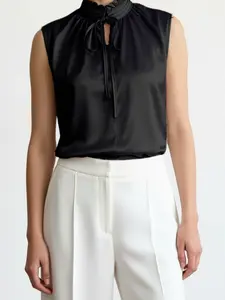 Women's Spring Summer New Satin V-Neck Tank Top, Lady, Elegant Leaf Edge Tie Design, Sleeveless, Loose Fit, Slimming and High-End Style