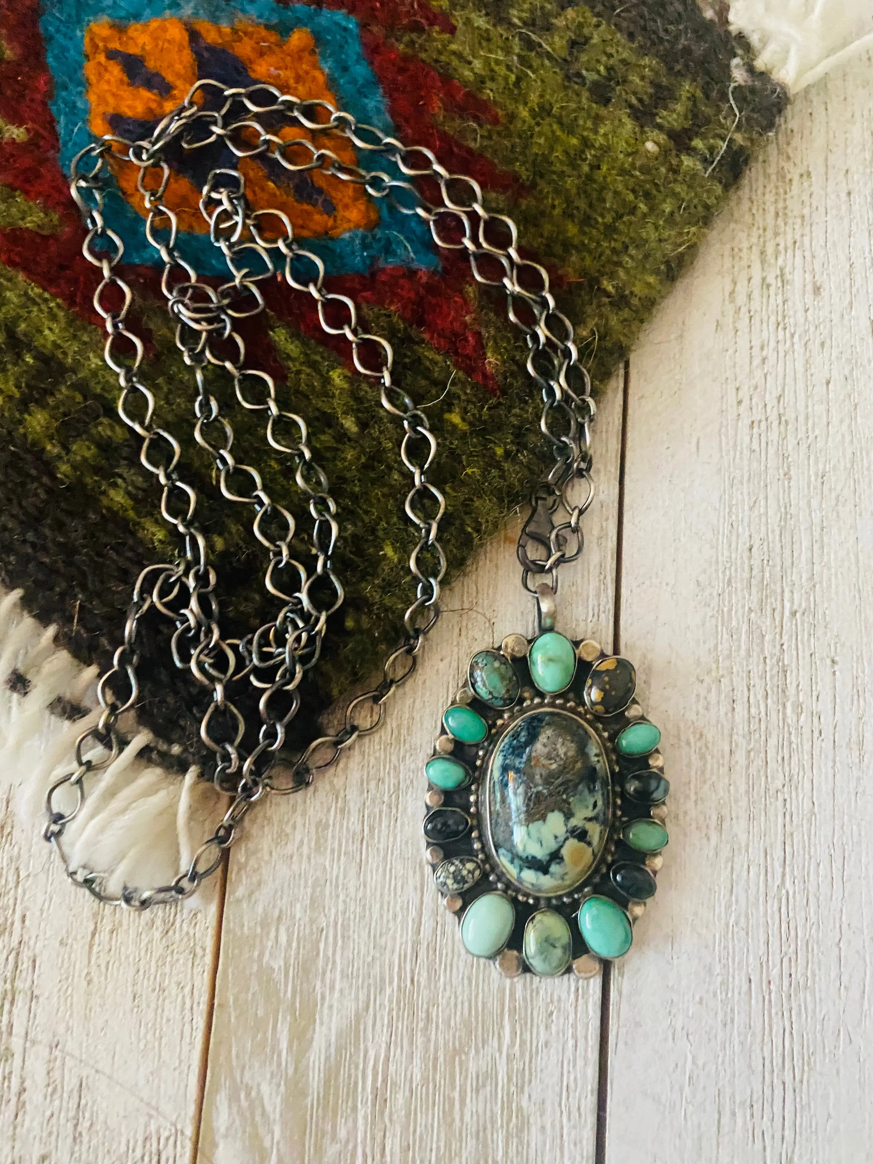 Handcrafted Sterling Silver & Tibetan Turquoise Cluster Necklace