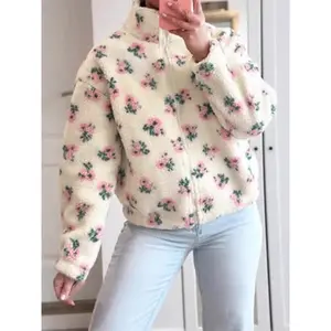 Women's Floral High Neck Zipper Jacket, Casual Fleece Lined Coat, Long Sleeve Button Front Outerwear, Fall & Winter Fashion