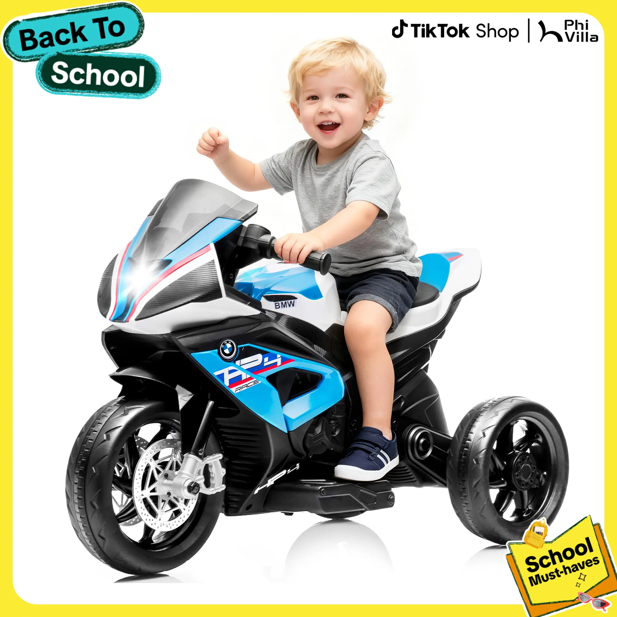 PHIVILLA Kids Electric Motorcycle with BMW Authorized, 12V Ride on Toy for Toddlers Battery Powered 3-Wheel Stable Design with Horn, Music & LED Lights