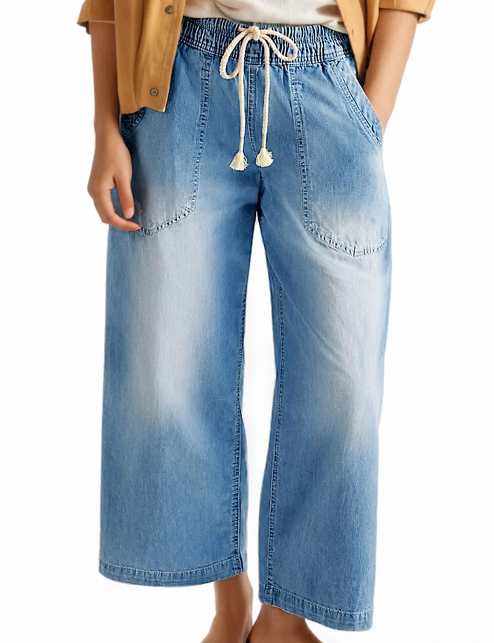 Women's Mid-Rise Wide Leg Denim Jeans - Plain, All Seasons, Ankle Cut, Drawstring Waist, Elastic, Casual Baggy Boyfriend Pants with Pockets, Machine Washable, Oversized Pockets, Stretch Denim, Adjustable, Soft, Bottom, Fit