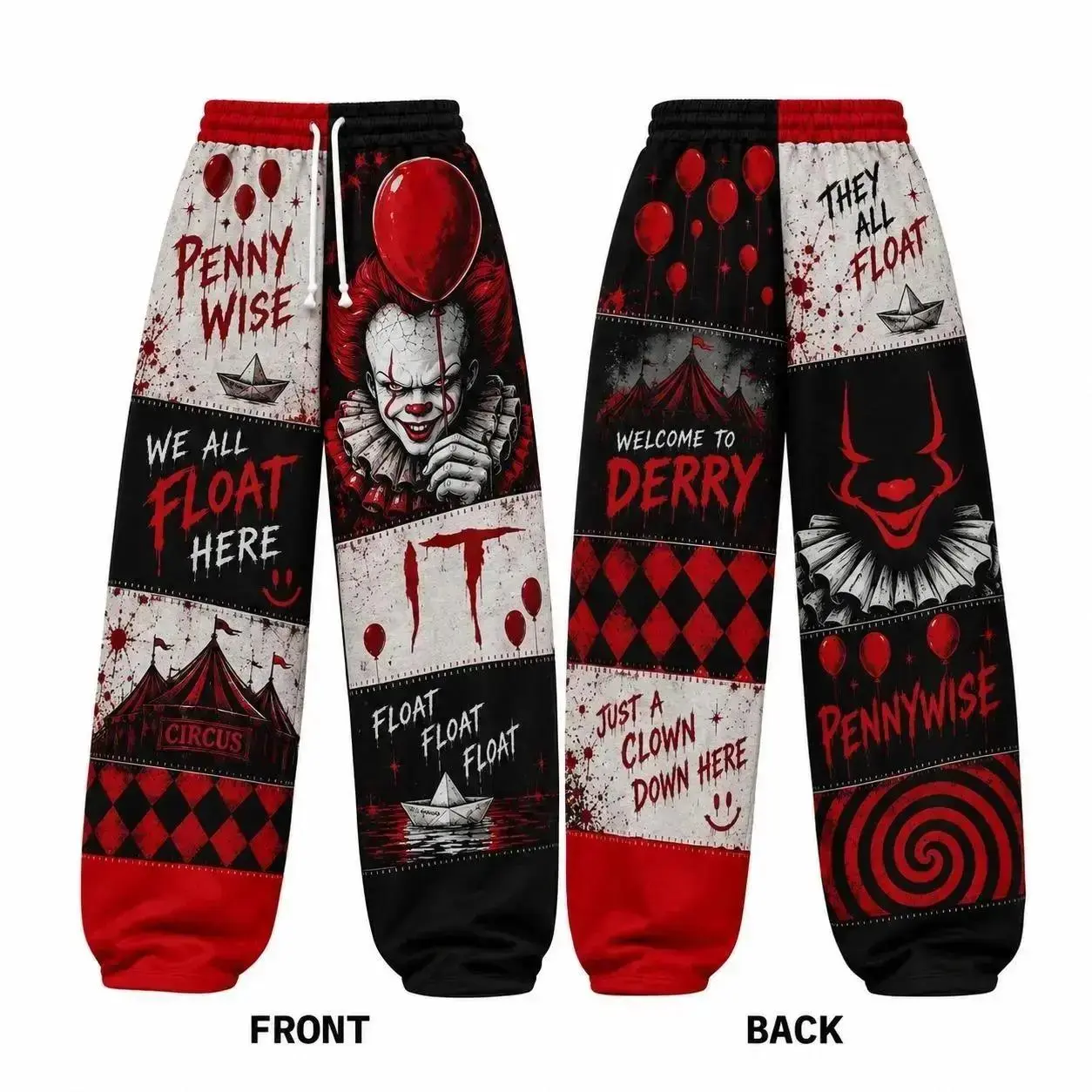 Horror Carnival Graphic Jogger Pants, Red Black Patchwork Sweatpants, Loose Fit Cuffed Lounge Pants, Spooky Gothic Streetwear, Unisex Casual Trousers