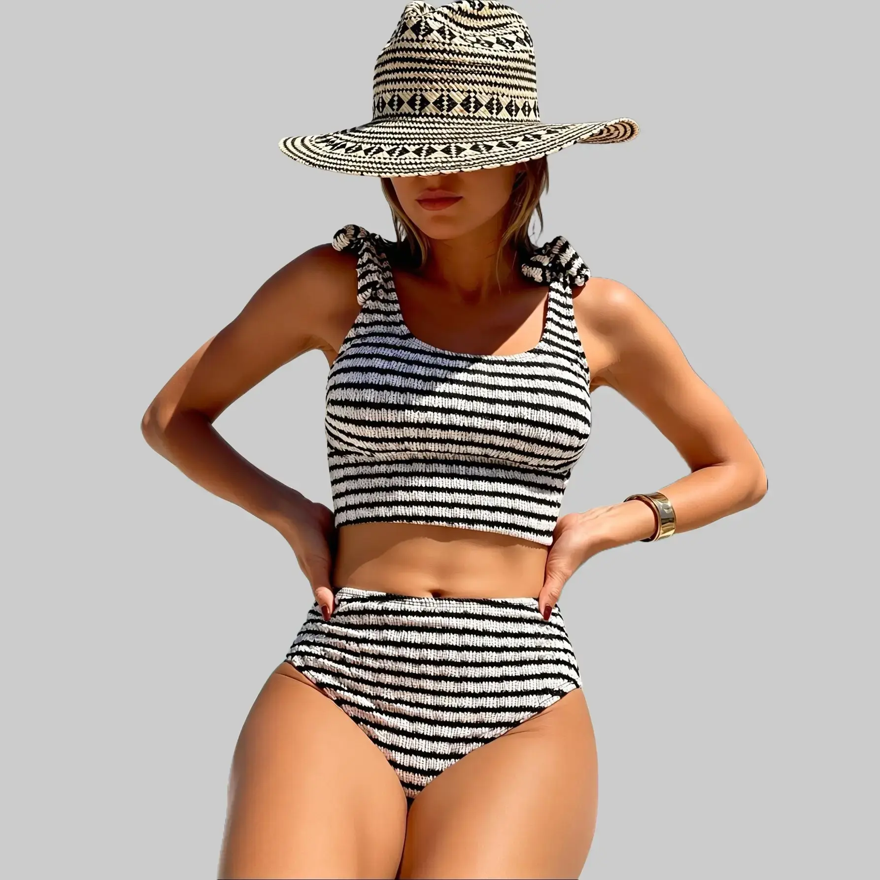 Women's Retro Novelty Print 2-Piece Swimming Wear Bikini Set - Crinkle Knit Fabric, Polyester Blend with Elastane, Crew Neck Top with Bow-Tie Straps, High-Waisted Briefs, Machine Washable, Multi-Size S/M/L