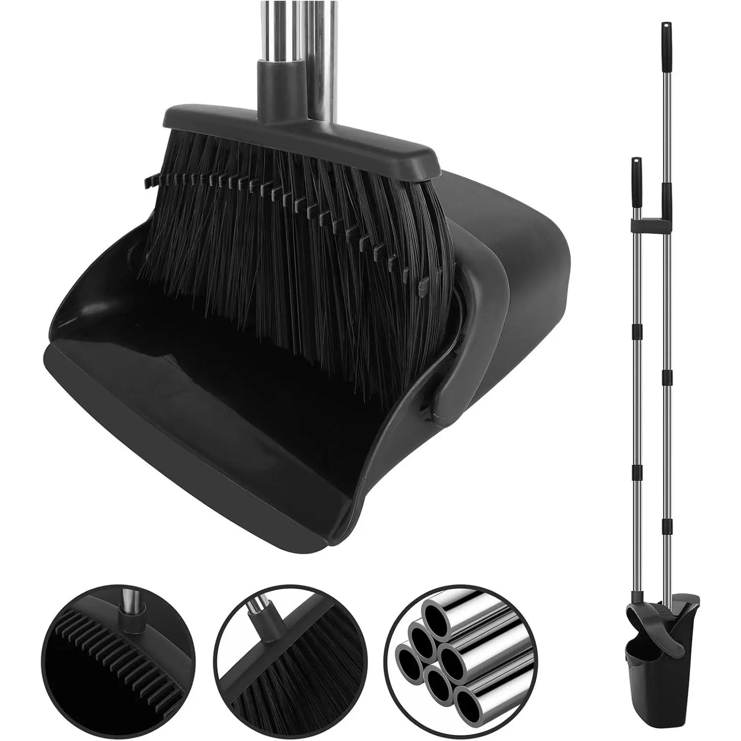 Broom and Dustpan Set, Large Household Broom with Dustpan Combo Set, 55" Long Handle Black Dust Pan Kit for Kitchen Lobby Office Indoor Outdoor