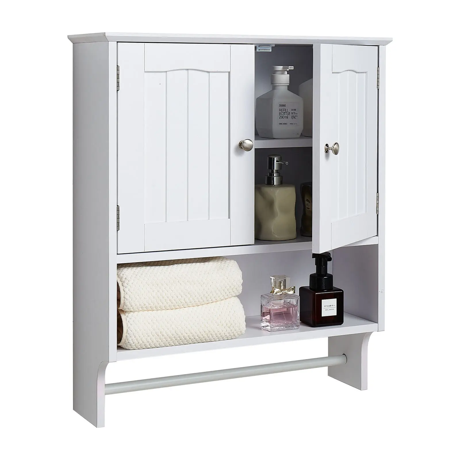 【Summerfinds】VEVOR Sturdy Waterproof Space-Saving Over-Toilet Wall Hanging Cabinet, Double Swing Doors, 2 Cabinets+1 Adjustable Shelf, 23x8x27in, Open Partition & Towel Bar for Bathroom, Laundry Room