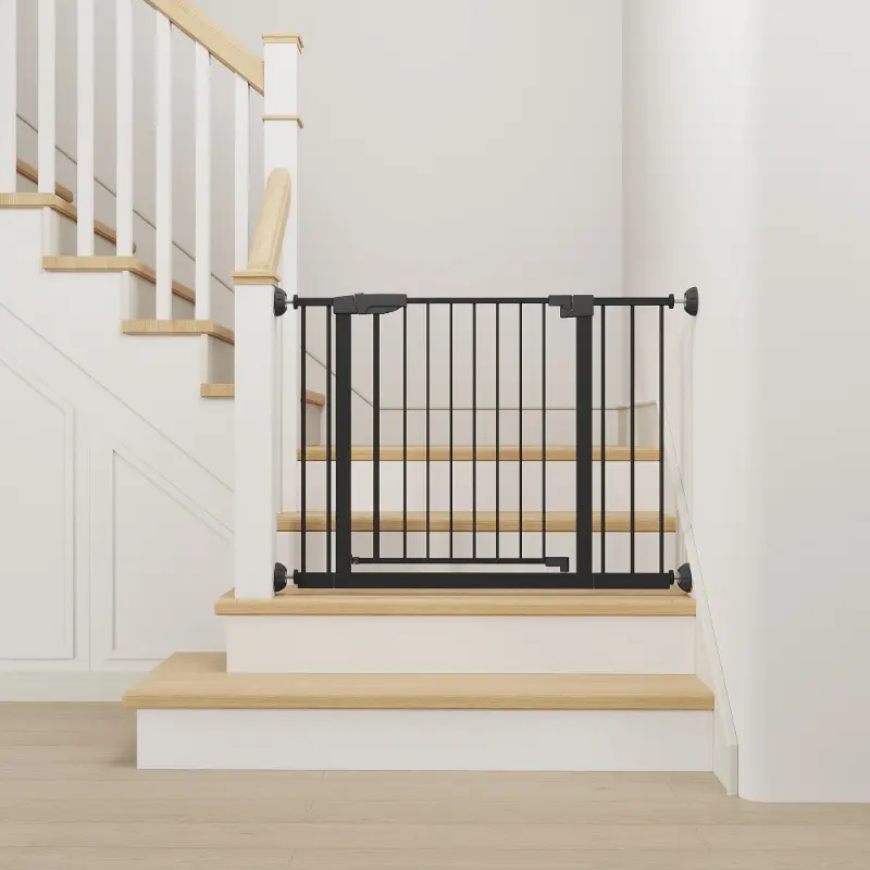 29.5-45.3" Wide Baby Gate with wall protector for Stairs, Dog Gate Indoor for Doorways, No Drilling Pressure Mounted Pet Gates for Kids, Easy Walk Through Safety Gate, Black