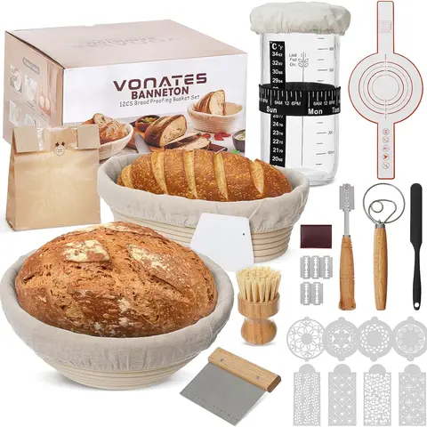 12-Piece Sourdough Baking Supplies Kit with Bakeware, Plastic & Silicone Utensils, 40oz Glass Starter Jar, Natural Rattan Banneton Bread Proofing Baskets (10" Oval, 9" Round), 24oz Heat-Resist Sling, 10 Bread Bags for Home Baking