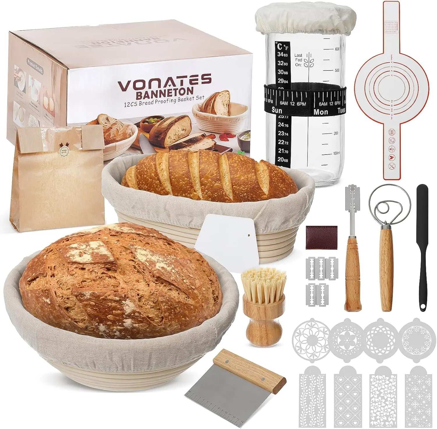 12PCS Sourdough Starter Kit, Banneton Bread Proofing Basket, 24oz Glass Sourdough Starter Jar, Sourdough Bread Baking Supplies, Sourdough Proofing Ba