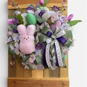 Spring into Easter Wreath with Adorable Purple Peep Bunny Green Egg Purple Flowers and Purple Bow for Festive Home Decor