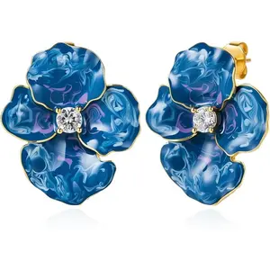 Cicy Bell Flower Earrings for Women 18k Gold Plated Iris Enamel Cubic Zirconia Spring Summer Boho Statement Stud Earrings Jewelry Gifts
